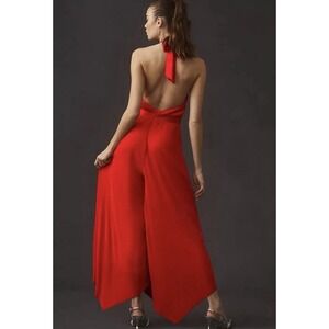 Anthropologie Jumpsuit Bionda Plisse Smocked Waist Wide Leg Size S Red Boho Chic